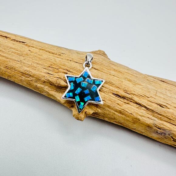 Sterling Silver Mosaic Lab Opal Star of David Pendant, Jewish Star - Picture 4 of 7